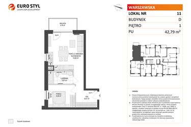 Rzut - Mieszkanie na sprzedaż 2 pokoje o powierzchni 42,79 m² - numer D.11 w Osiedle Warszawska etap II