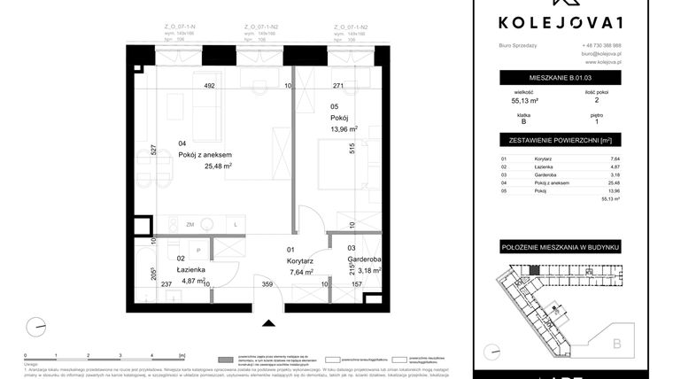 Rzut - Mieszkanie na sprzedaż 2 pokoje o powierzchni 55,13 m² - numer B-01-03 w Kolejova 1