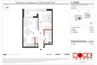 Rzut - Mieszkanie na sprzedaż 2 pokoje o powierzchni 38,76 m² - numer WS-L-A025 w Warszawski Świt etap XII