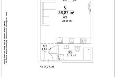 Rzut - Mieszkanie na sprzedaż 1 pokój o powierzchni 36,87 m² - numer 6 w Osiedle Teatralne 19