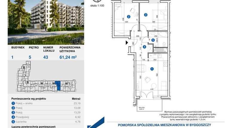 Rzut - Mieszkanie na sprzedaż 3 pokoje o powierzchni 61,24 m² - numer 43 w Zielony Las - budynek 1