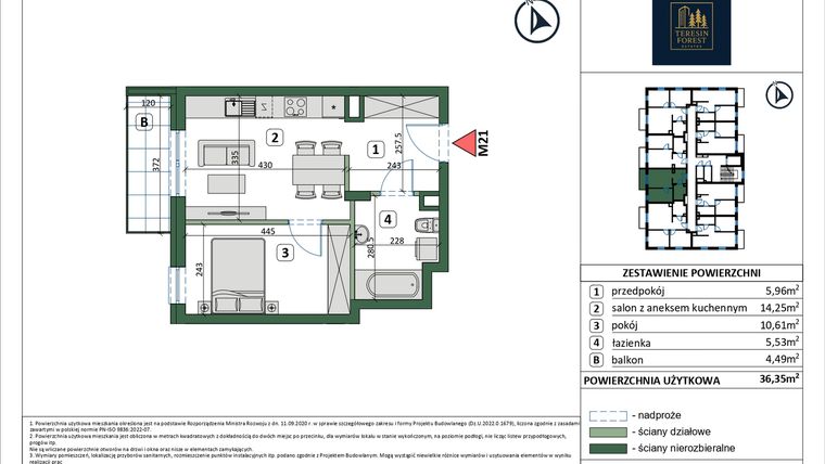 Rzut - Mieszkanie na sprzedaż 2 pokoje o powierzchni 36,35 m² - numer 21 w Osiedle przy Sportowej etap III