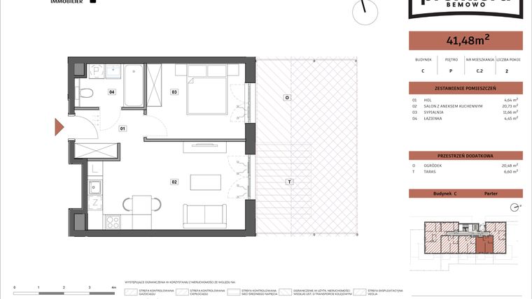Rzut - Mieszkanie na sprzedaż 2 pokoje o powierzchni 41,48 m² - numer C.02 w Premiera Bemowo