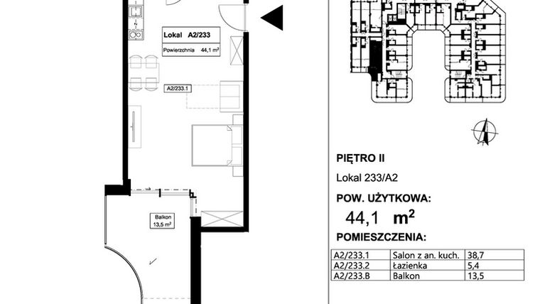 Rzut - Mieszkanie na sprzedaż 1 pokój o powierzchni 44,1 m² - numer 233 w Apollo Resort