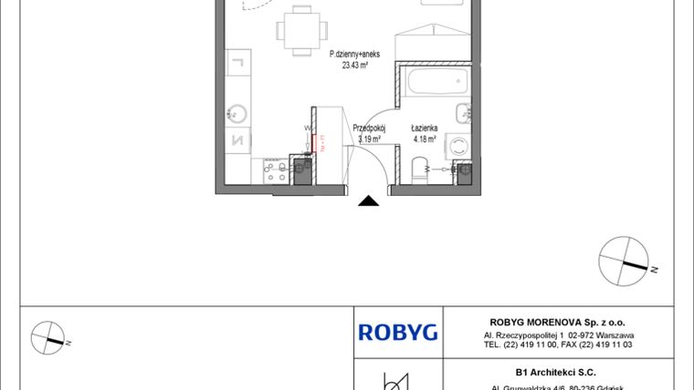 Rzut - Mieszkanie na sprzedaż 1 pokój o powierzchni 30,8 m² - numer A.2M05 w Leszczyńskich 2