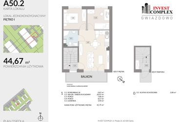 Rzut - Mieszkanie na sprzedaż 3 pokoje o powierzchni 44,67 m² - numer A50.2 w Osiedle Gwiazdowo etap 6B