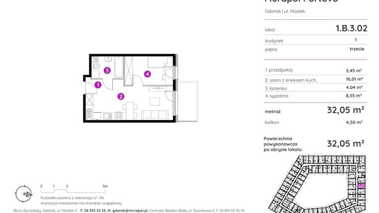 Rzut - Mieszkanie na sprzedaż 2 pokoje o powierzchni 32,05 m² - numer 1.B.3.02 w Murapol Portovo etap II