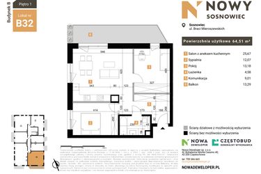 Rzut - Mieszkanie na sprzedaż 3 pokoje o powierzchni 64,51 m² - numer 32 w Nowy Sosnowiec