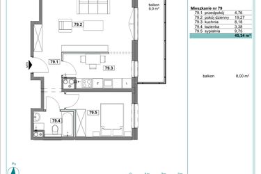 Rzut - Mieszkanie na sprzedaż 2 pokoje o powierzchni 45,21 m² - numer D.79 w Osiedle Kościuszki etap II