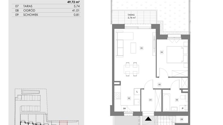 Rzut - Mieszkanie na sprzedaż 2 pokoje o powierzchni 49,72 m² - numer 16A.1 w Przystań Sobieszewo
