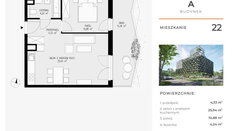 Rzut - Mieszkanie na sprzedaż 2 pokoje o powierzchni 45,39 m² - numer 22 w Semiramis