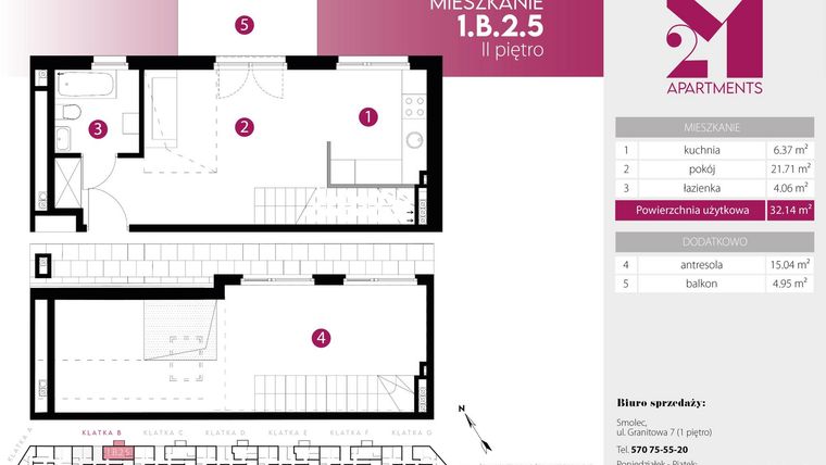 Rzut - Mieszkanie na sprzedaż 2 pokoje o powierzchni 47,18 m² - numer 1.B.2.5 w 2M Apartments etap IV