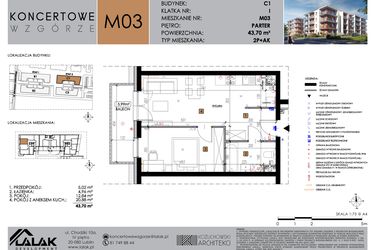 Rzut - Mieszkanie na sprzedaż 2 pokoje o powierzchni 43,7 m² - numer C1_M3 w Koncertowe Wzgórze etap II