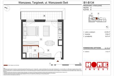 Rzut - Mieszkanie na sprzedaż 1 pokój o powierzchni 32,7 m² - numer B1-B134 w Warszawski Świt etap VIII