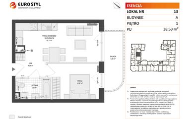 Rzut - Mieszkanie na sprzedaż 2 pokoje o powierzchni 38,53 m² - numer A.13 w Esencja