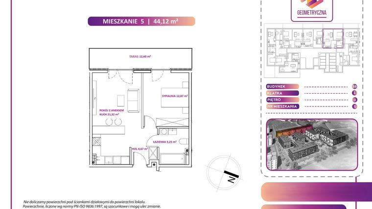 Rzut - Mieszkanie na sprzedaż 2 pokoje o powierzchni 44,36 m² - numer 5B w Geometryczna 5 - etap 3 - klatka I
