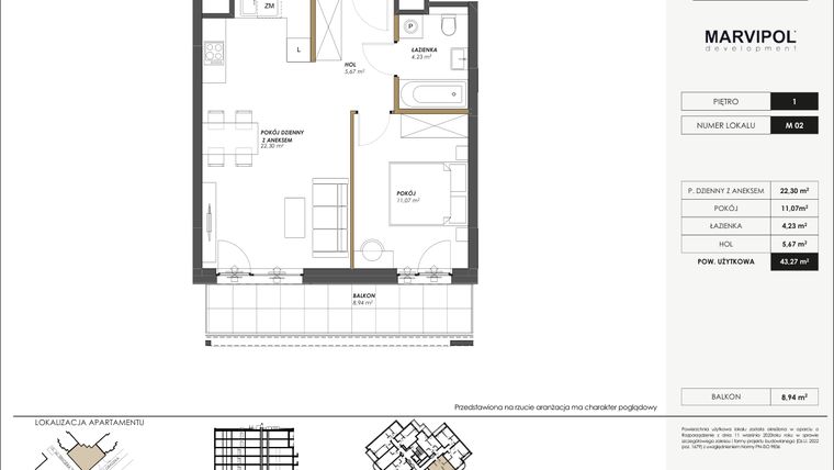 Rzut - Mieszkanie na sprzedaż 2 pokoje o powierzchni 43,27 m² - numer M02 w SENGERA 1