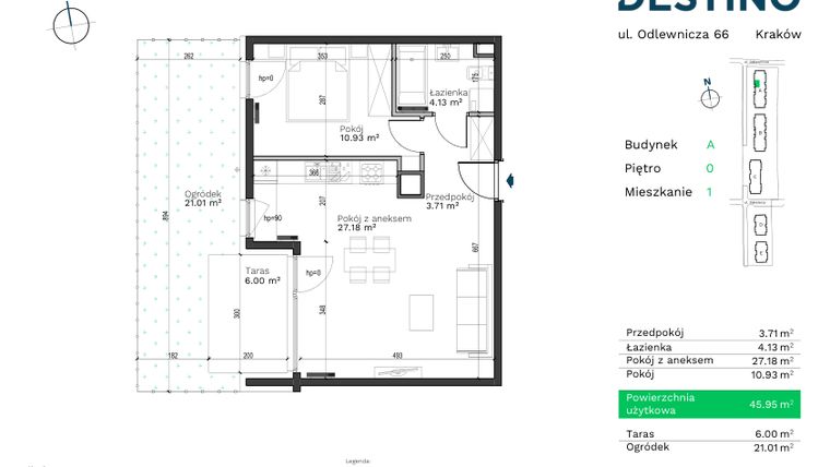 Rzut - Mieszkanie na sprzedaż 2 pokoje o powierzchni 45,95 m² - numer A-1 w Destino