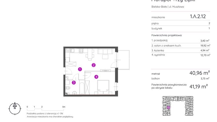 Rzut - Mieszkanie na sprzedaż 2 pokoje o powierzchni 41,19 m² - numer 1.A.2.12 w Murapol Trzy Lipki