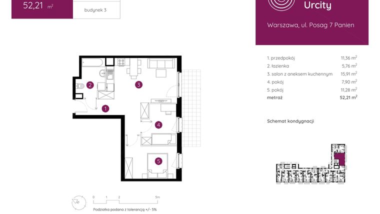 Rzut - Mieszkanie na sprzedaż 3 pokoje o powierzchni 52,21 m² - numer 3.A.0.06 w Murapol Urcity