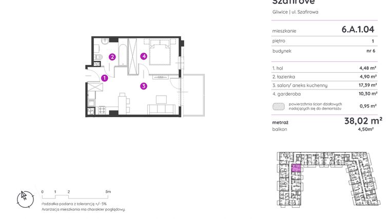 Rzut - Mieszkanie na sprzedaż 1 pokój o powierzchni 38,02 m² - numer 6.A.1.04 w Murapol Osiedle Szafirove