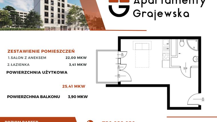 Rzut - Mieszkanie na sprzedaż 1 pokój o powierzchni 26,71 m² - numer M-3 w Apartamenty Grajewska