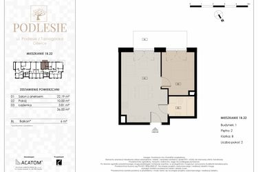 Rzut - Mieszkanie na sprzedaż 2 pokoje o powierzchni 36 m² - numer 1B.22 w Podlesie