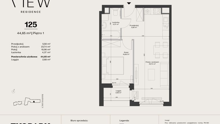 Rzut - Mieszkanie na sprzedaż 2 pokoje o powierzchni 44,65 m² - numer 125 w The View