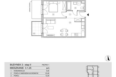 Rzut - Mieszkanie na sprzedaż 2 pokoje o powierzchni 45,98 m² - numer 3.1.25 w ATAL Apollina II