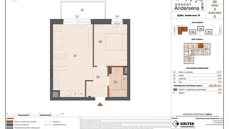 Rzut - Mieszkanie na sprzedaż 2 pokoje o powierzchni 43,99 m² - numer 25A w Ogrody Andersena