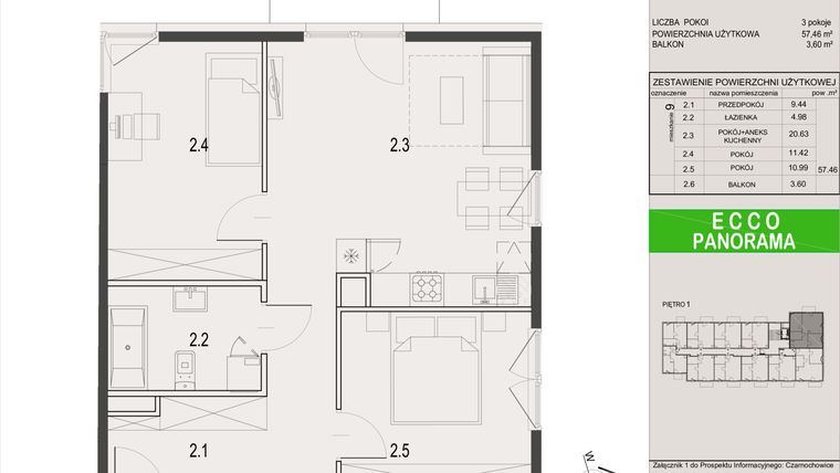 Rzut - Mieszkanie na sprzedaż 3 pokoje o powierzchni 57,46 m² - numer 9.B w Ecco Panorama etap I budynki A, B