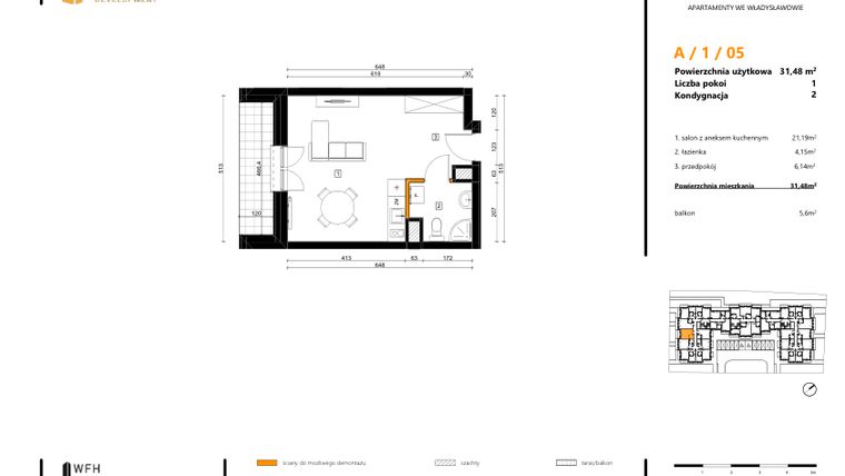 Rzut - Mieszkanie na sprzedaż 1 pokój o powierzchni 31,48 m² - numer A.1.05 w SPOT