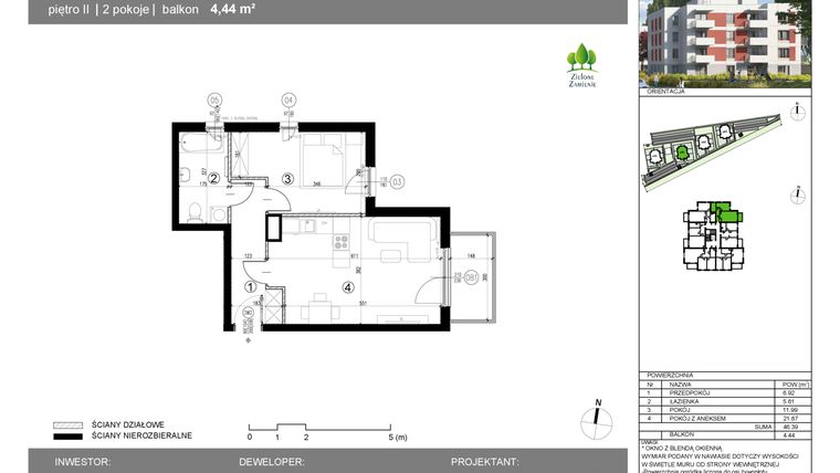 Rzut - Mieszkanie na sprzedaż 2 pokoje o powierzchni 46,4 m² - numer 14G.39 w Zielone Zamienie X