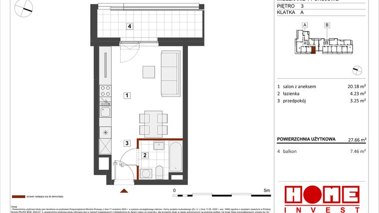 Rzut - Mieszkanie na sprzedaż 1 pokój o powierzchni 27,66 m² - numer B1-A020 w Warszawski Świt etap VIII