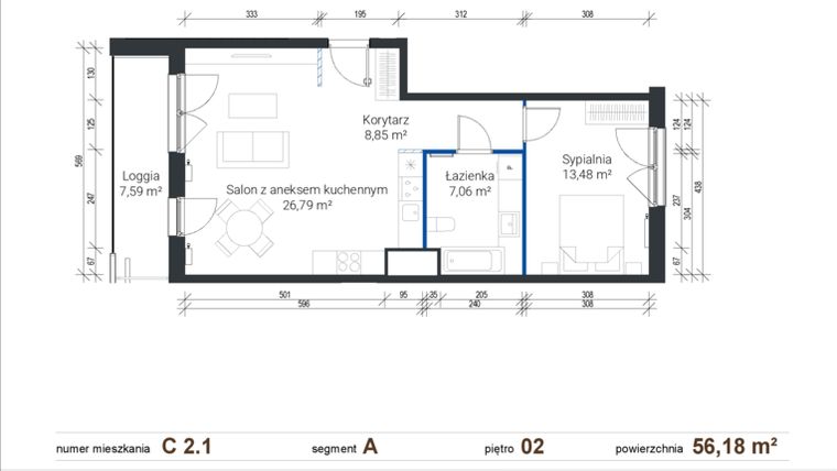 Rzut - Mieszkanie na sprzedaż 2 pokoje o powierzchni 56,18 m² - numer C 2.1 w Nowe Zabłocie