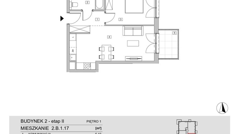Rzut - Mieszkanie na sprzedaż 2 pokoje o powierzchni 46,16 m² - numer 2.B.1.17 w ATAL Apollina II