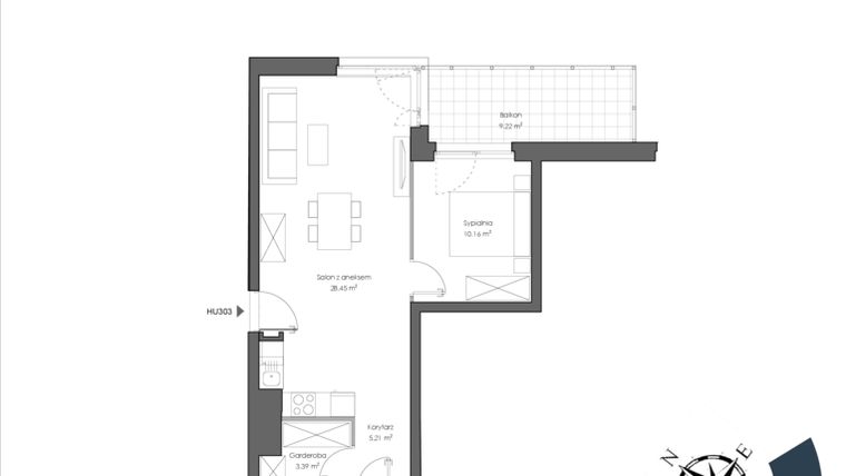 Rzut - Mieszkanie na sprzedaż 2 pokoje o powierzchni 53,71 m² - numer H.303 w Nautica Resort etap III