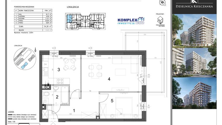 Rzut - Mieszkanie na sprzedaż 2 pokoje o powierzchni 54,38 m² - numer 2 w Dzielnica Kielczanka etap II