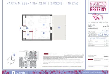 Rzut - Mieszkanie na sprzedaż 2 pokoje o powierzchni 40,57 m² - numer C1.07 w Miasteczko Brzeziny II
