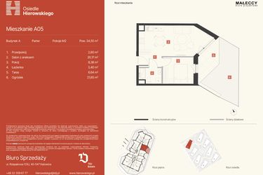 Rzut - Mieszkanie na sprzedaż 2 pokoje o powierzchni 34,55 m² - numer A05 w Osiedle Hierowskiego