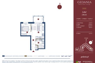 Rzut - Mieszkanie na sprzedaż 2 pokoje o powierzchni 33,09 m² - numer I.B.2.1 w GEDANIA Riverside Living - apartamenty inwestycyjne