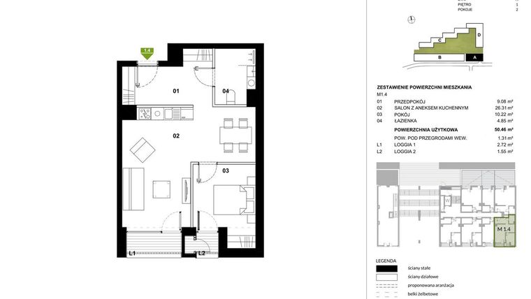 Rzut - Mieszkanie na sprzedaż 2 pokoje o powierzchni 50,46 m² - numer A.1.4 w Kozielska Park