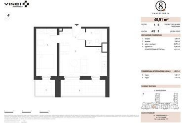 Rzut - Mieszkanie na sprzedaż 2 pokoje o powierzchni 40,91 m² - numer A/2/1.2 w Smardzewska 8