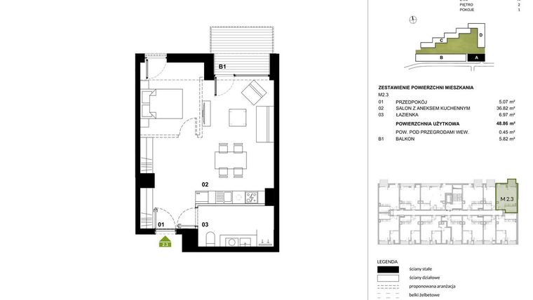 Rzut - Mieszkanie na sprzedaż 1 pokój o powierzchni 49,3 m² - numer A.2.3 w Kozielska Park