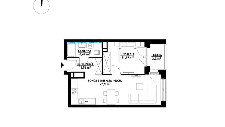 Rzut - Mieszkanie na sprzedaż 2 pokoje o powierzchni 43,27 m² - numer A17 w FUTURO