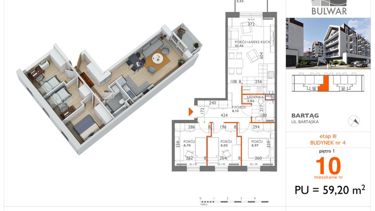 Rzut - Mieszkanie na sprzedaż 4 pokoje o powierzchni 59,2 m² - numer 10 w Osiedle Bulwar bud. 4