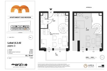 Rzut - Mieszkanie na sprzedaż 1 pokój o powierzchni 61,79 m² - numer A.3.42 w Morzlive