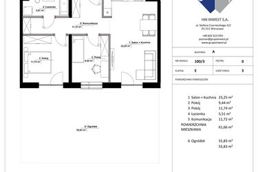 Rzut - Mieszkanie na sprzedaż 3 pokoje o powierzchni 61,66 m² - numer 10D/3 w Jasielska 8C etap II