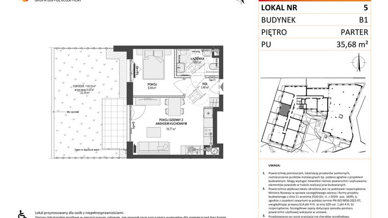 Rzut - Mieszkanie na sprzedaż 2 pokoje o powierzchni 35,68 m² - numer 5 w Leśna Góra