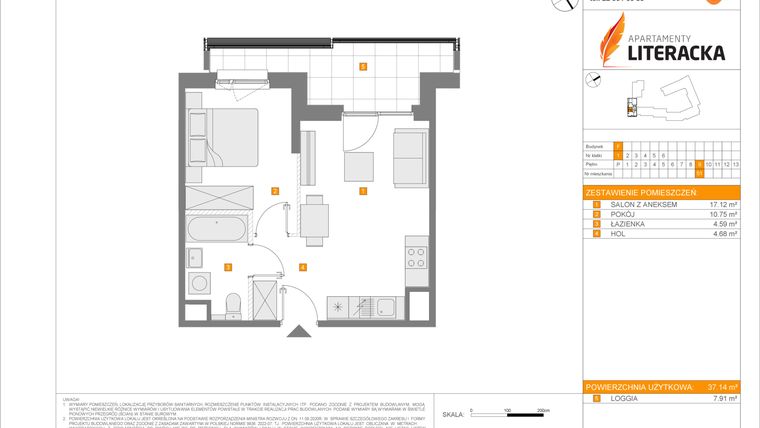 Rzut - Mieszkanie na sprzedaż 2 pokoje o powierzchni 37,14 m² - numer F.51 w Apartamenty Literacka etap 2.3